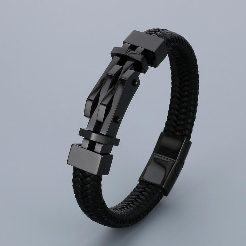 Hip Hop Stainless Steel Interlocking Charms Leather Bracelet for Men Creative Vintage Geometric Woven Bangle Gift Trend Jewelry
