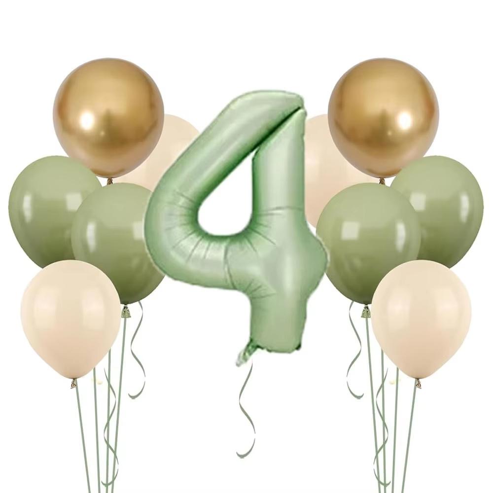 11pcs 32 Inch Sage Green Number Balloons Set Sand White Avocado Green Gold Latex Balloons for Boy Girl 1st Birthday Decorations