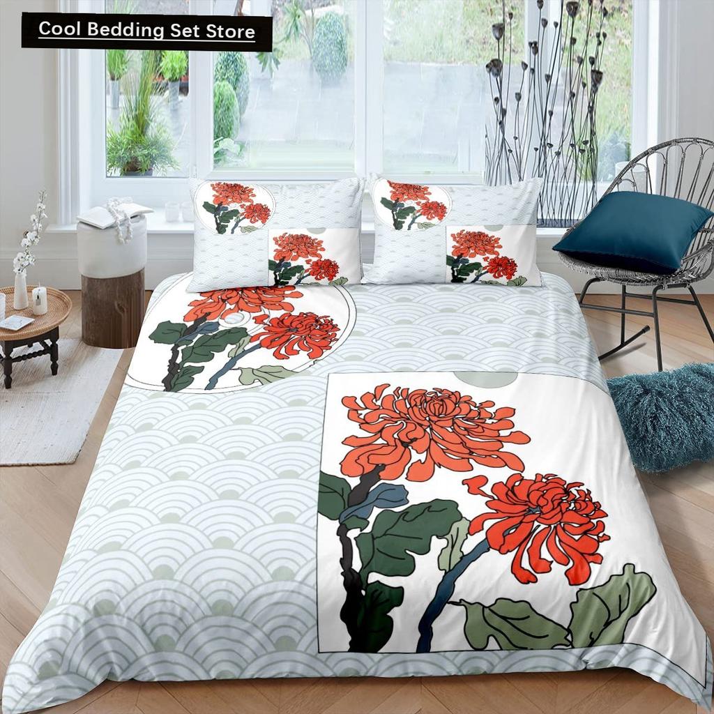 Japanese Style King Queen Duvet Cover Koi Fish Cherry Bedding Set Ukiyo-E Geisha Quilt Cover Sun Crane Polyester Comforter Cover