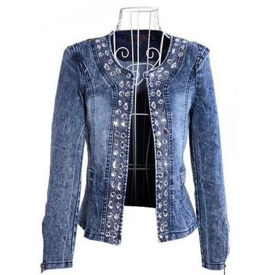 Spring and Autumn Elastic Denim Rhinestone Sequined Retro Short Jacket Denim Jacket