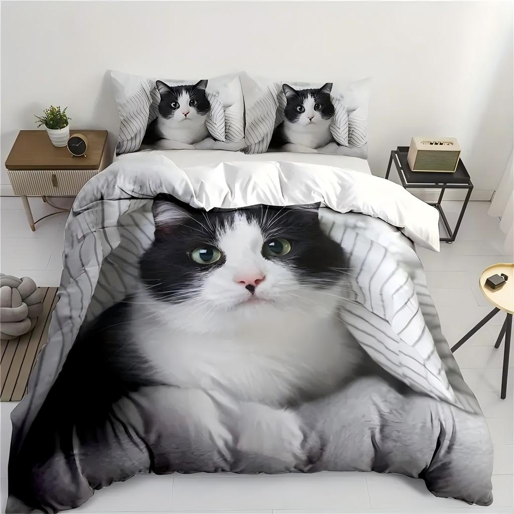 Black White Cat Print Bedding Set for Kid Teen Adult Cute Animal Style Duvet Cover Soft Comfortable Home Polyester Quilt Cover