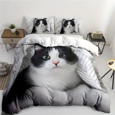 Juego de Ropa de Cama con Estampado de Gato Blanco y Negro para Niño Adolescente Adulto Estilo Animal Lindo Funda Nórdica Suave Cómoda para el Hogar Funda de Colcha de Poliéster