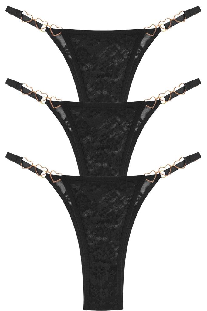 Panegy Bikini Full Sexy Heart Metallic Floral Size L Women's T-Back Panties, 3-Pack, Lace, Sheer, Lingerie, Butt-Lifting, Print, Comfortable,