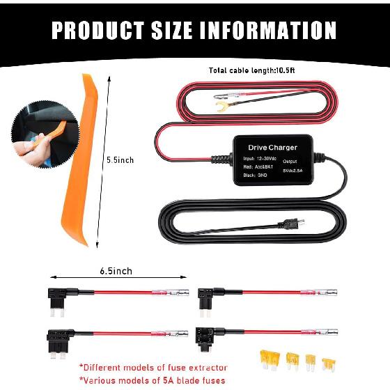 Dash Cam Hardwire Kit, Mini USB Hard Wire Kit for Dashcam, 12V-24V to 5V Car Dash Camera Charger Power Cord, 10.5ft Length Cord for Dash Cameras