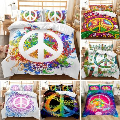 3D Hippie symbol mieru Obliečka na paplón Mäkká farebná vzorovaná súprava posteľnej bielizne Chic exotický kvetinový prehoz na posteľ Kráľovský Plný Pre chlapcov dievčatá