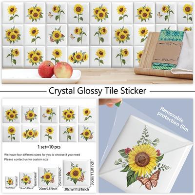 10 Stuks Aquarel Zonnebloem Muurstickers Imitatie Baksteen Slaapkamer Decoratie Waterdicht Zelfklevend Tegelbehang Keuken Kast Decor