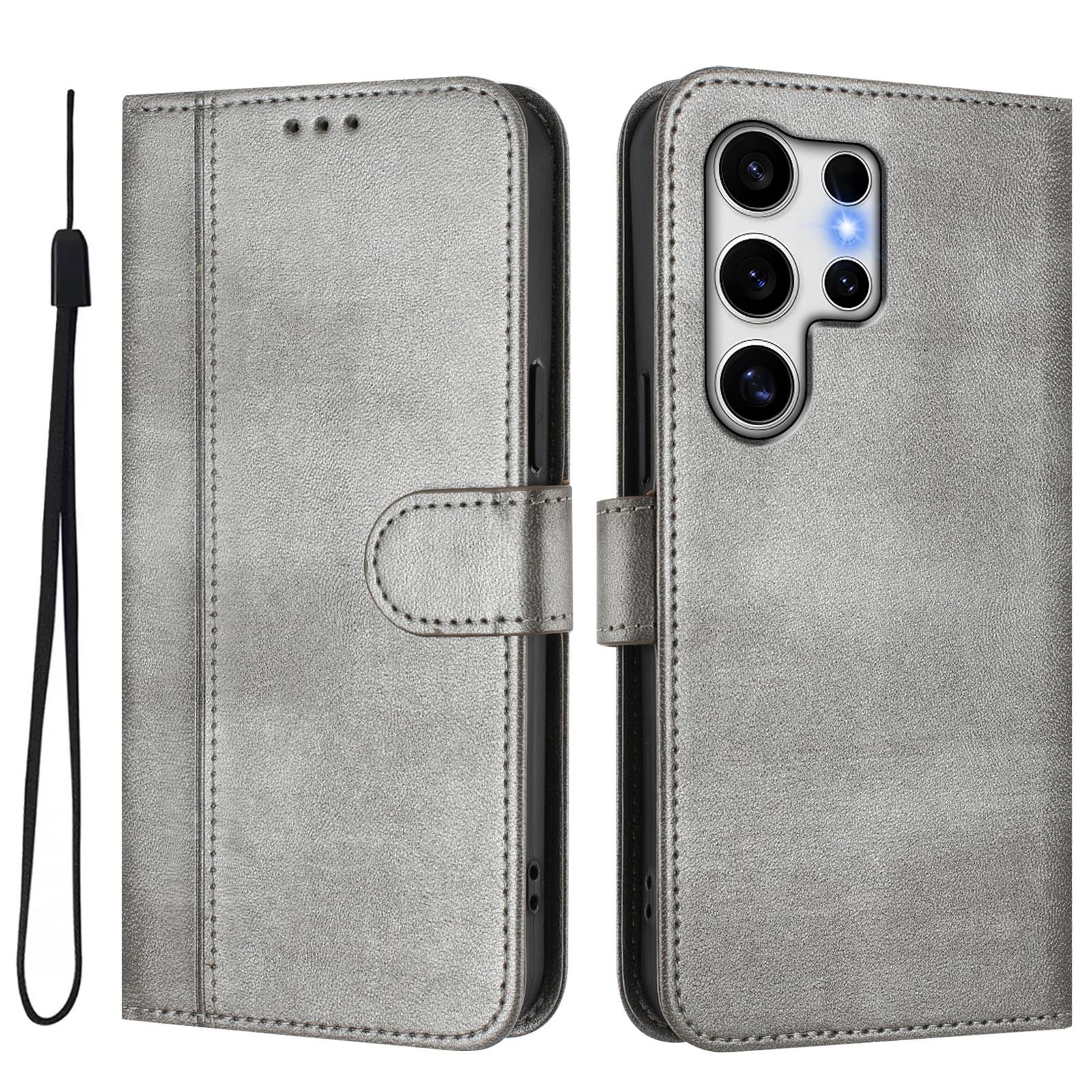 

For Samsung Galaxy S25 Ultra Cases Wallet Stand Retro Texture Leather Phone Cover with Lanyard Grey