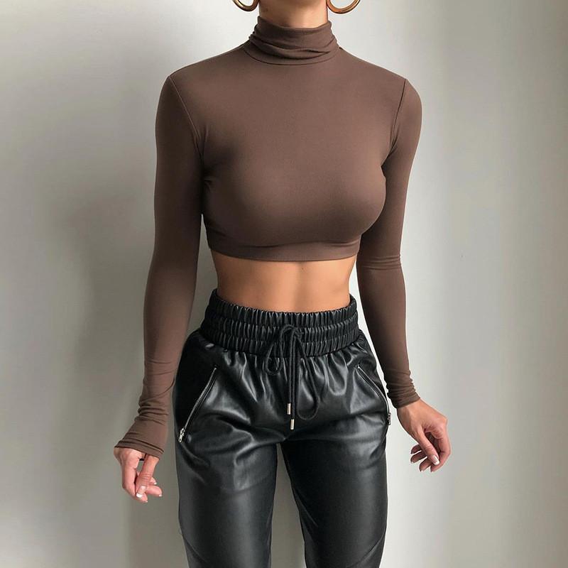 Streetwear T Shirt With High Neck Long Sleeves For Fall Fashion Women