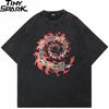 Hip Hop Streetwear Men TShirt Oversized Burning Skull Vintage Graphic T Shirt Cotton Washed Black Tshirt Unisex Tops Tees