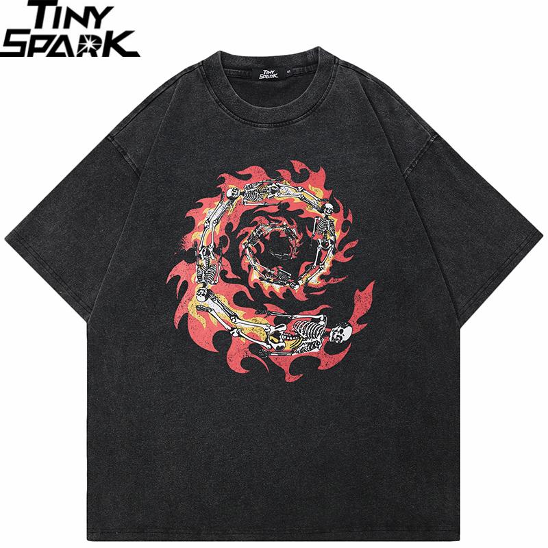 Hip Hop Streetwear Men TShirt Oversized Burning Skull Vintage Graphic T Shirt Cotton Washed Black Tshirt Unisex Tops Tees