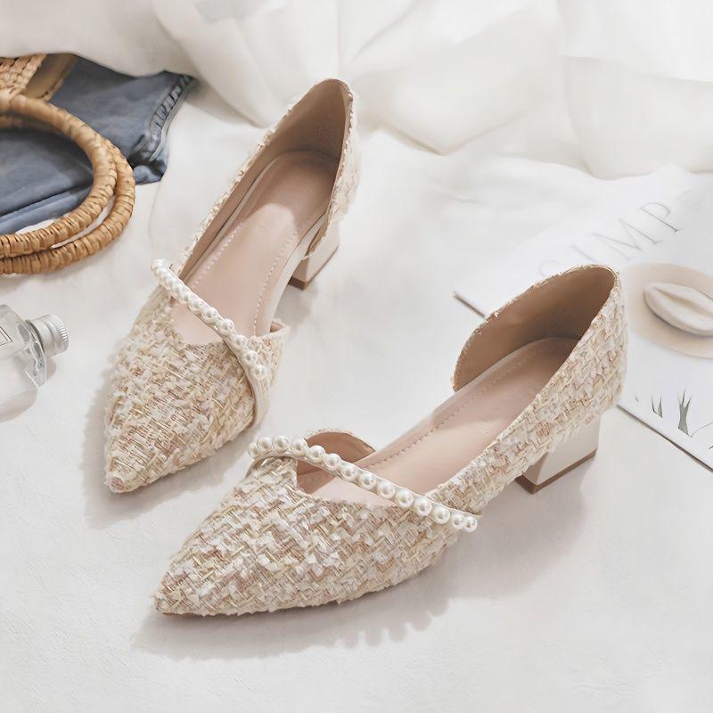 Einzelne Schuhe Damen dicker Absatz sanfter kleiner duftender Wind Perle Seite leer Frühling und Sommer Wind Fee flache Öffnung High Heels