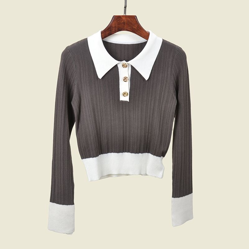 Color Matching Polo Collar Long Sleeves Knitwear Fashion Wind Metal Ring Buckle Split Sleeve Silm Short Lapels Fall Base