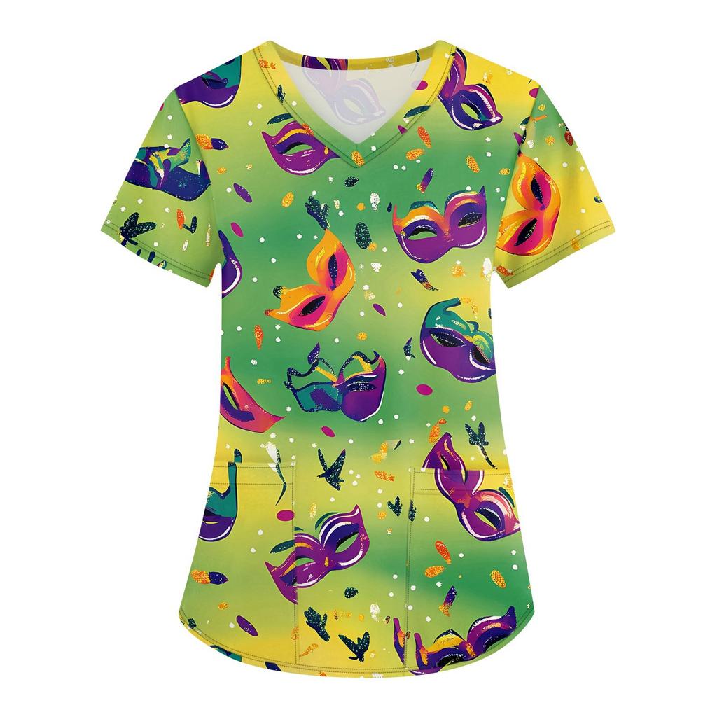 Women's Fashion V-neck Short Sleeve Workwear With Pockets Printed Tops