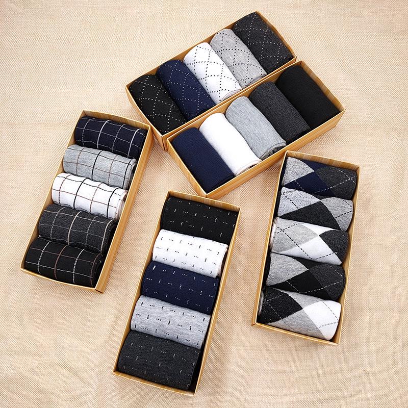 Men's Autumn/Winter Business Mid-Calf Socks - 5 Pairs, Polyester Cotton, Solid Colors, Casual Style