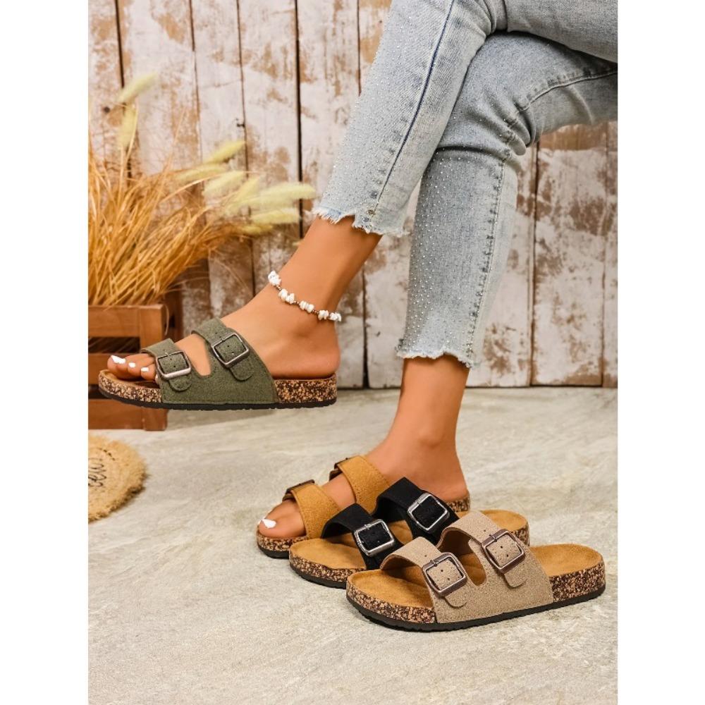 Women's Teen Mules New Spring and Summer Vintage Casual Slip-On Shoes Pu Upper Double Strap Half Slippers with Adjustable Buckle
