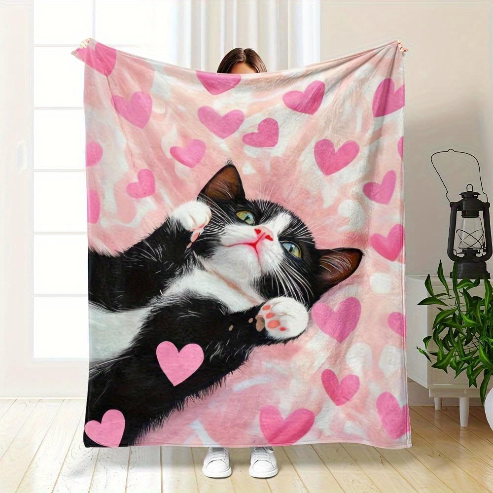 1pc Cozy Love Cat Print Flannel Blanket - Soft Warm All-Season Throw with Black & White Tabby Cat & Pink Hearts Design Size: 75*100cm, Weight: 230 GSM