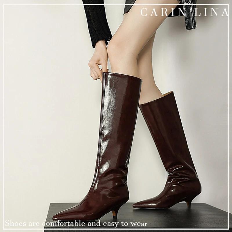Fashion 2025 New Autumn/Winter Women Boots Split Leather Women Shoes Pointed Toe Low Heel Shoes Knee-high Modern Boots Slip-on Boots