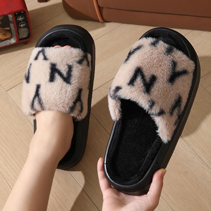 Fashion Fashion Faux Fur Cotton Slippers Women Autumn Winter Letter Print Platform Plush Slides Woman Non-Slip Warm Slipper Female