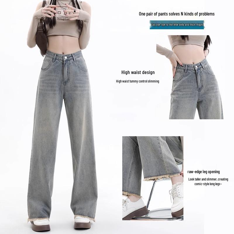 

Women s Dark Blue High-Waist Straight-Leg Jeans - Flared, Slimming, Trendy for Spring/Autumn 2024 Large