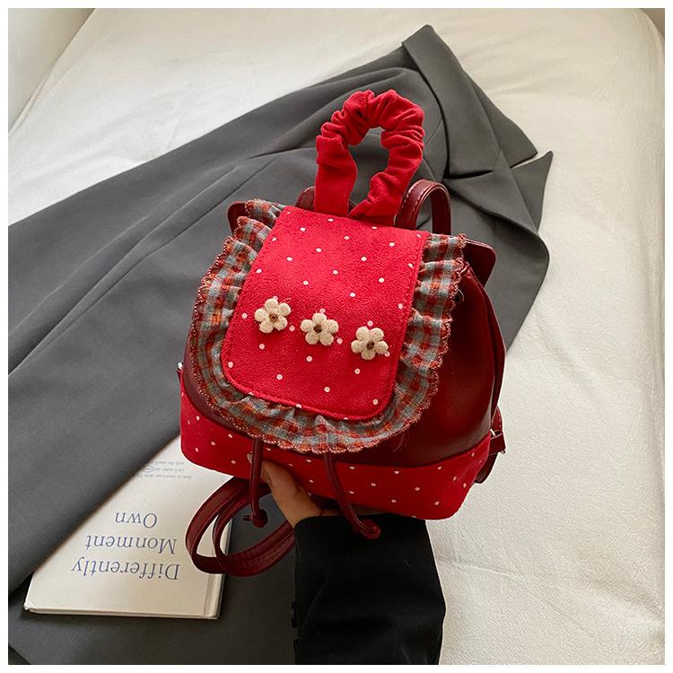 2025 New Cute Polka Dot Backpack Retro Foreign Style Flower Travel Backpack College Style Commuter Handbag