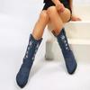 Flower Embroider Mid Calf Cowboy Boots Women  Autumn Chunky Heels Western Boots Woman Plus Size Pointed Toe Denim Long Boots