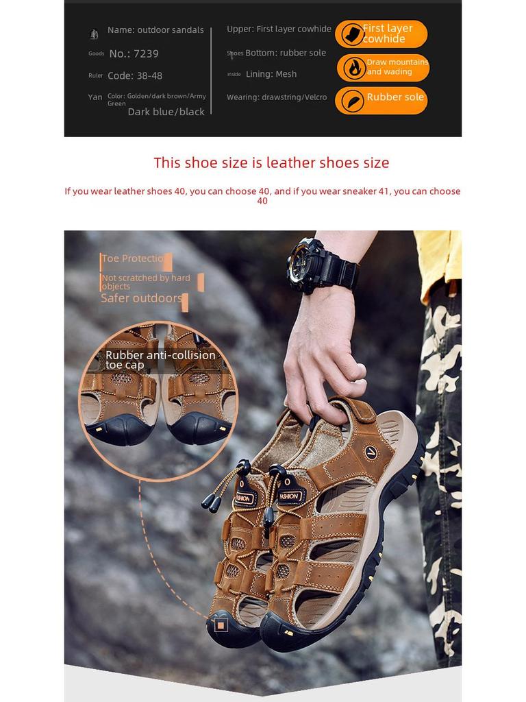 Men's Summer Cowhide Sandals - Non-Slip Soft Sole, Large Size, Outdoor Beach Shoes