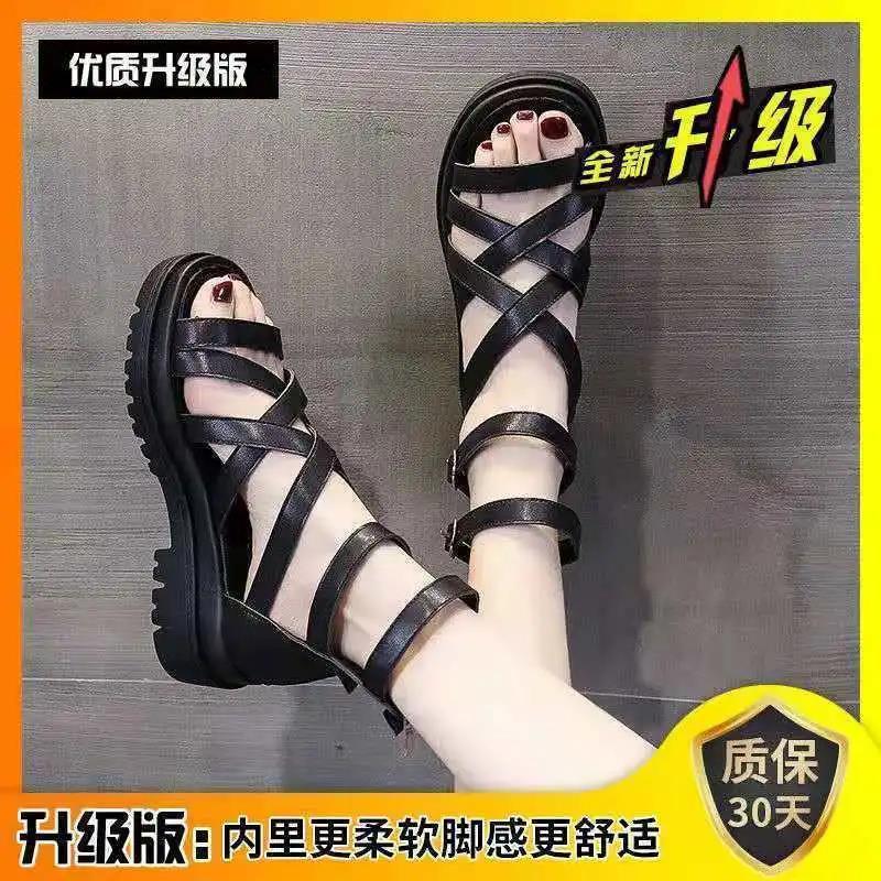 New Summer Versatile Student Fairy Style Flat Bag Heel Sandals Women's Cross Strap Roman Shoes Ins