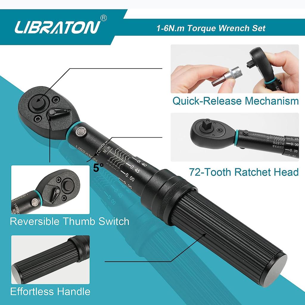 LIBRATON 1/4'' Bike Torque Wrench, 5-25Nm / 1-6Nm High Precision Torque Wrench, accuracy of ±3%, Square Drive Torque Wrench Set