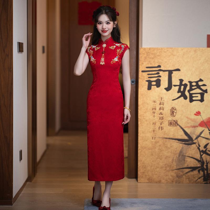 Phoenix Embroidery Red National Style New Chinese Long Sleeve Improved Cheongsam Women's Premium Bridal Toast Engagement Dress