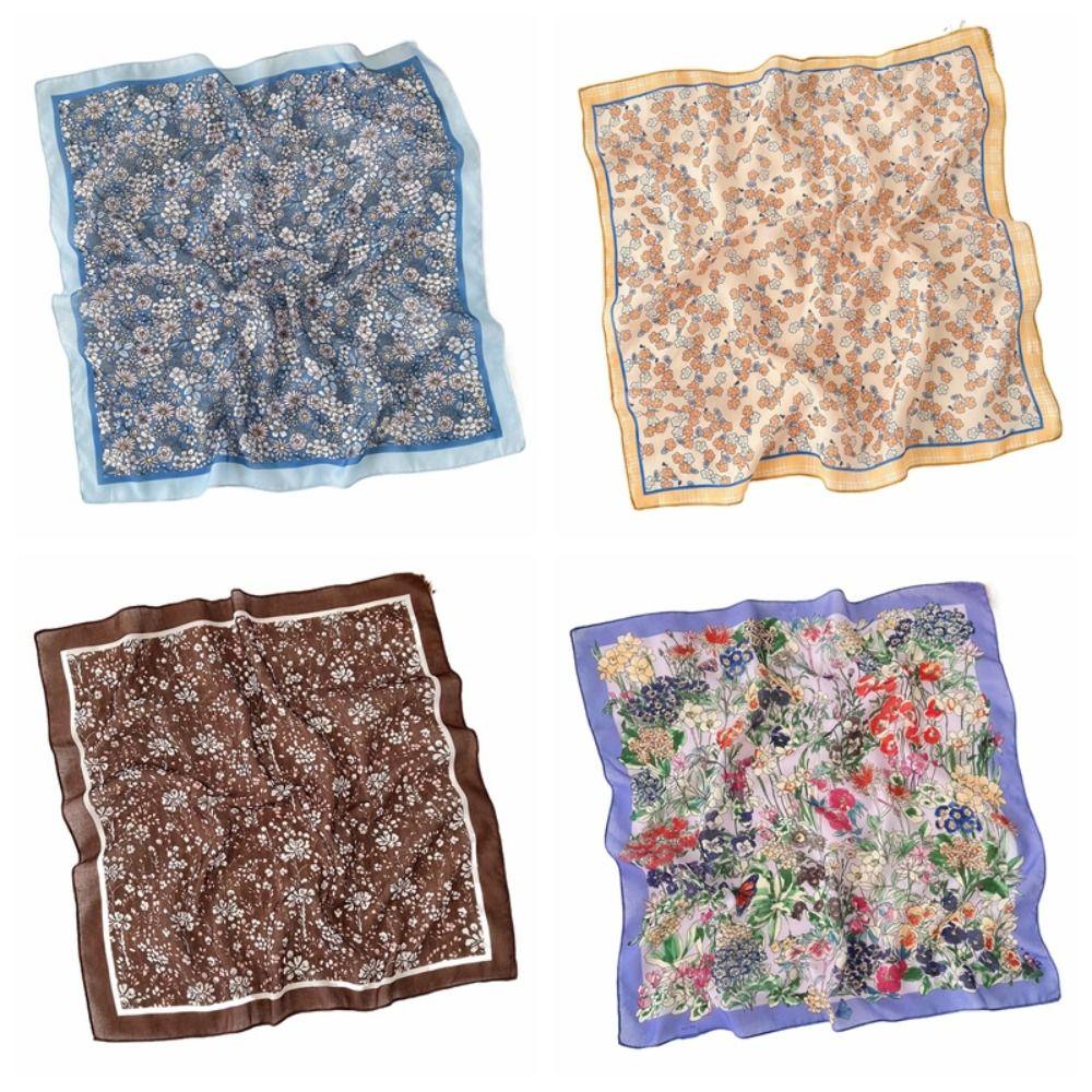 Flower Printed Silk Scarf Square Scarf Hair Band All-match Floral Kerchief  Spring Summer