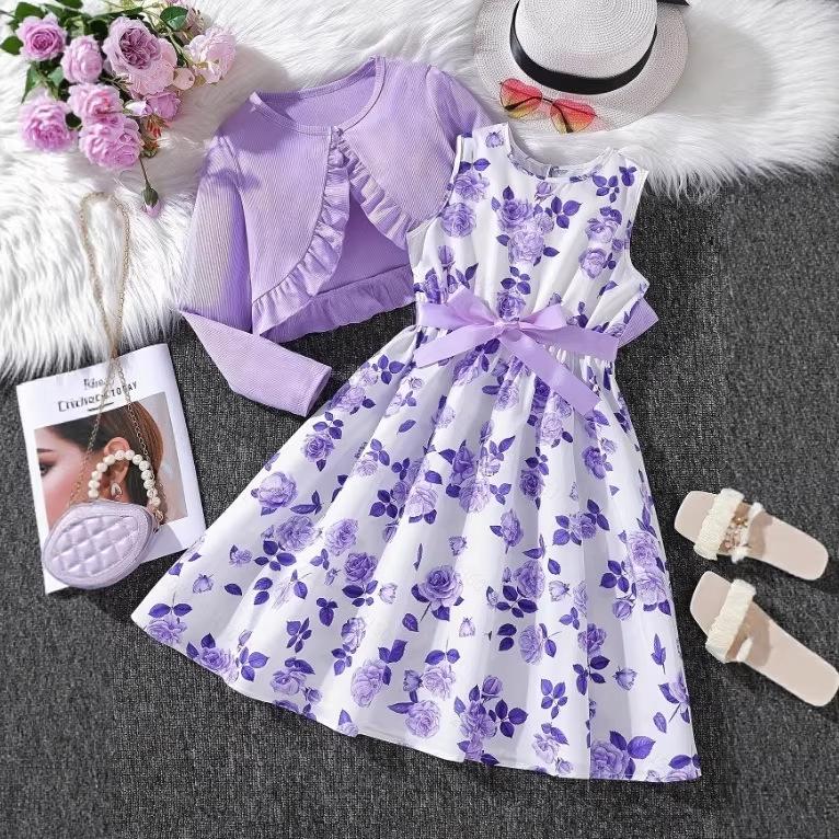 Girls  Purple Rose Two-Piece Set: Floral Skirt & Ruffled Jacket for Spring/Autumn 5-6 Years