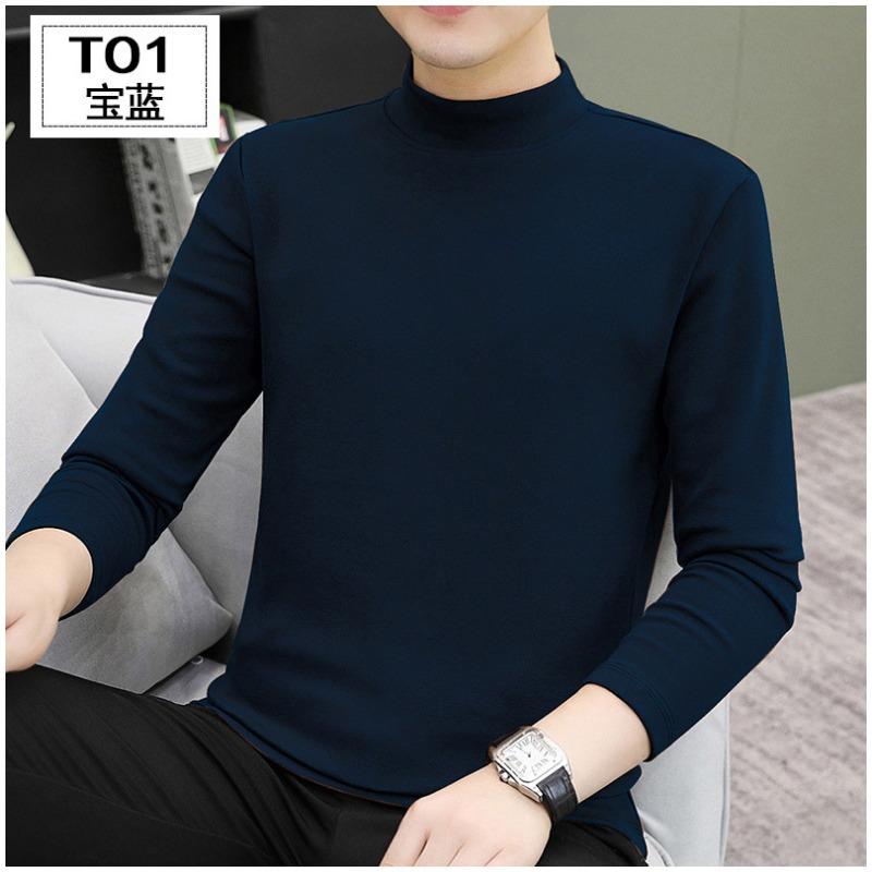 Spring Autum Half High Collar Solid Color Bottomed T-shirt Male Long Sleeve All-match Cotton Top Pullover Tee Men