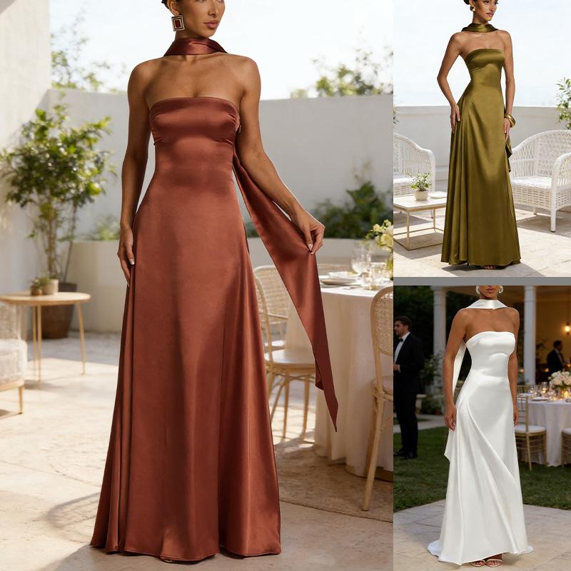 2026 European & American Women's Sexy Slimming Bodycon Backless Bandeau Waist-Cinching Evening Long Dress
