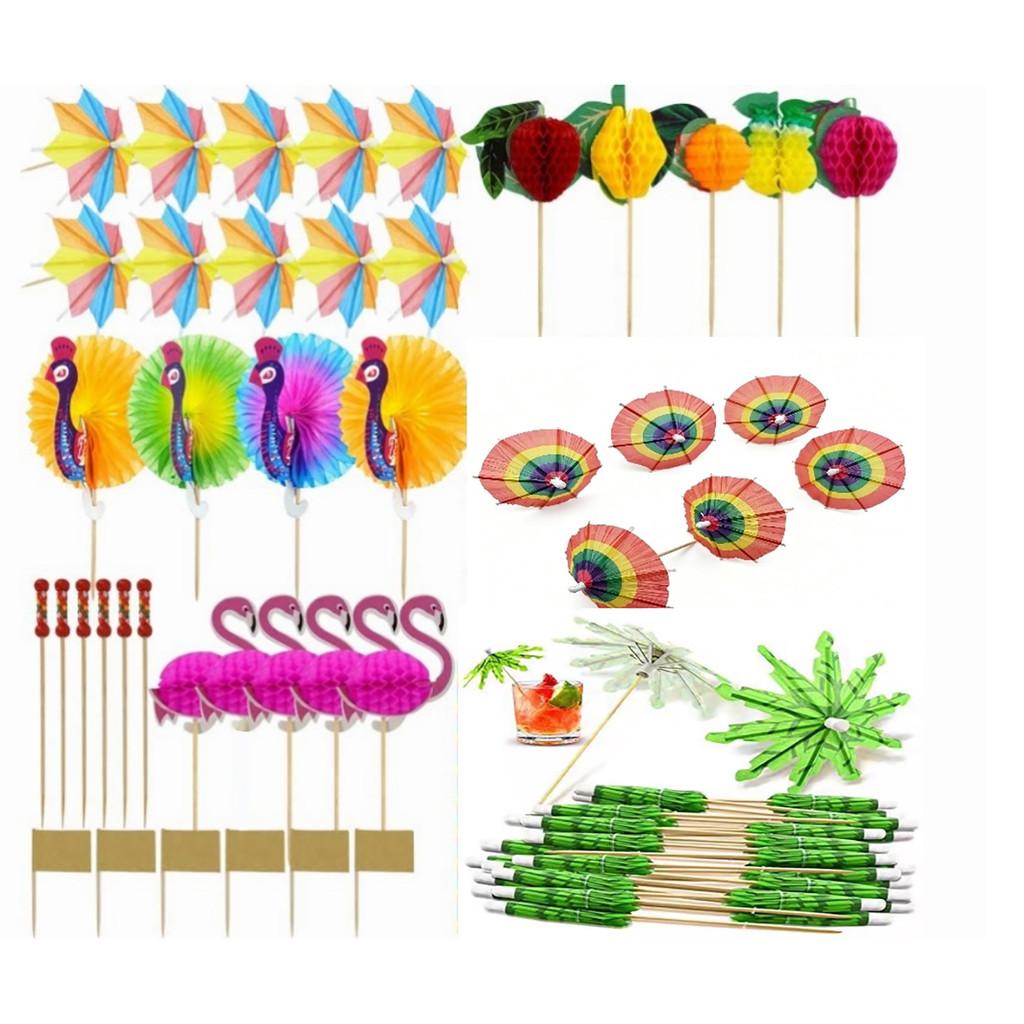 Hawaiian Tissue Paper Umbrella Fruit Stick Swizzles For Party Table Centerpieces