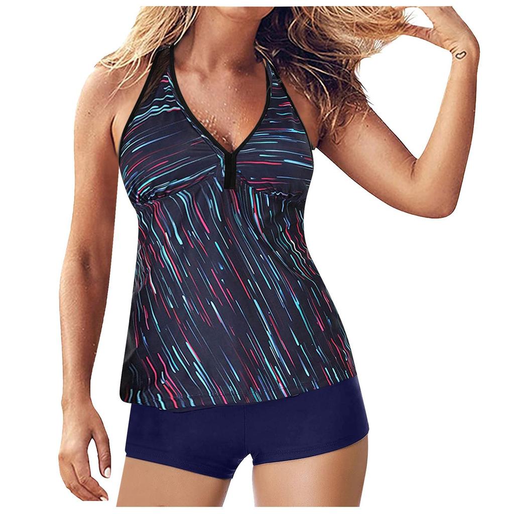 European & American Women's High-Waist Printed Skirted Tankini Swimwear