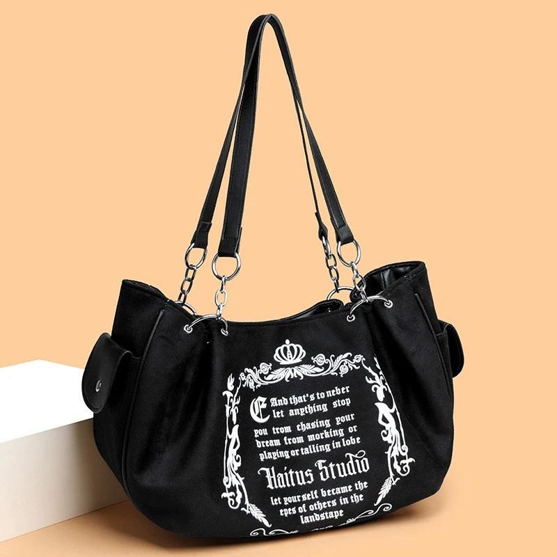 Letter Print Faux Suede Women Handbag