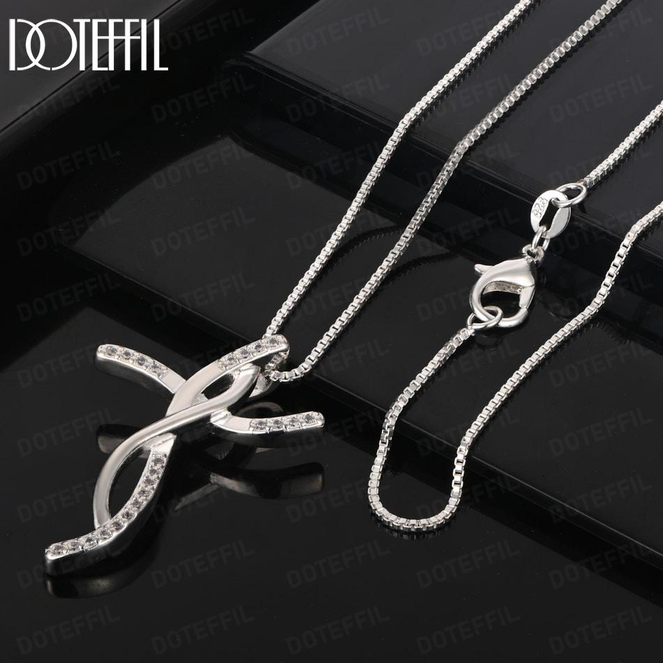 925 Sterling Silver AAA Zircon Cross Pendant Necklace Fashion Jewelry