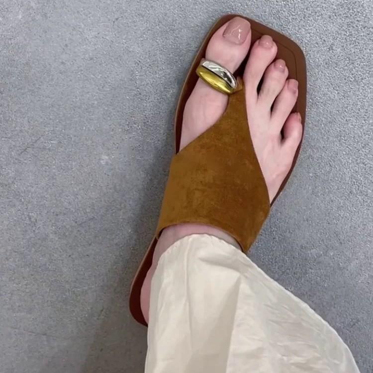 Sheepskin Version~ Retro Suede Metal Cover Toe Flip-flops Women's Outer Wear 2025 Summer Fashion Casual Flats
