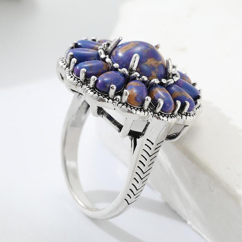 Ethnic Inlaid Imitation Lapis Lazuli Flower Women's Ring Vintage CopperColor Geometry Daily Wear Party Jewelry Anniversary Gift