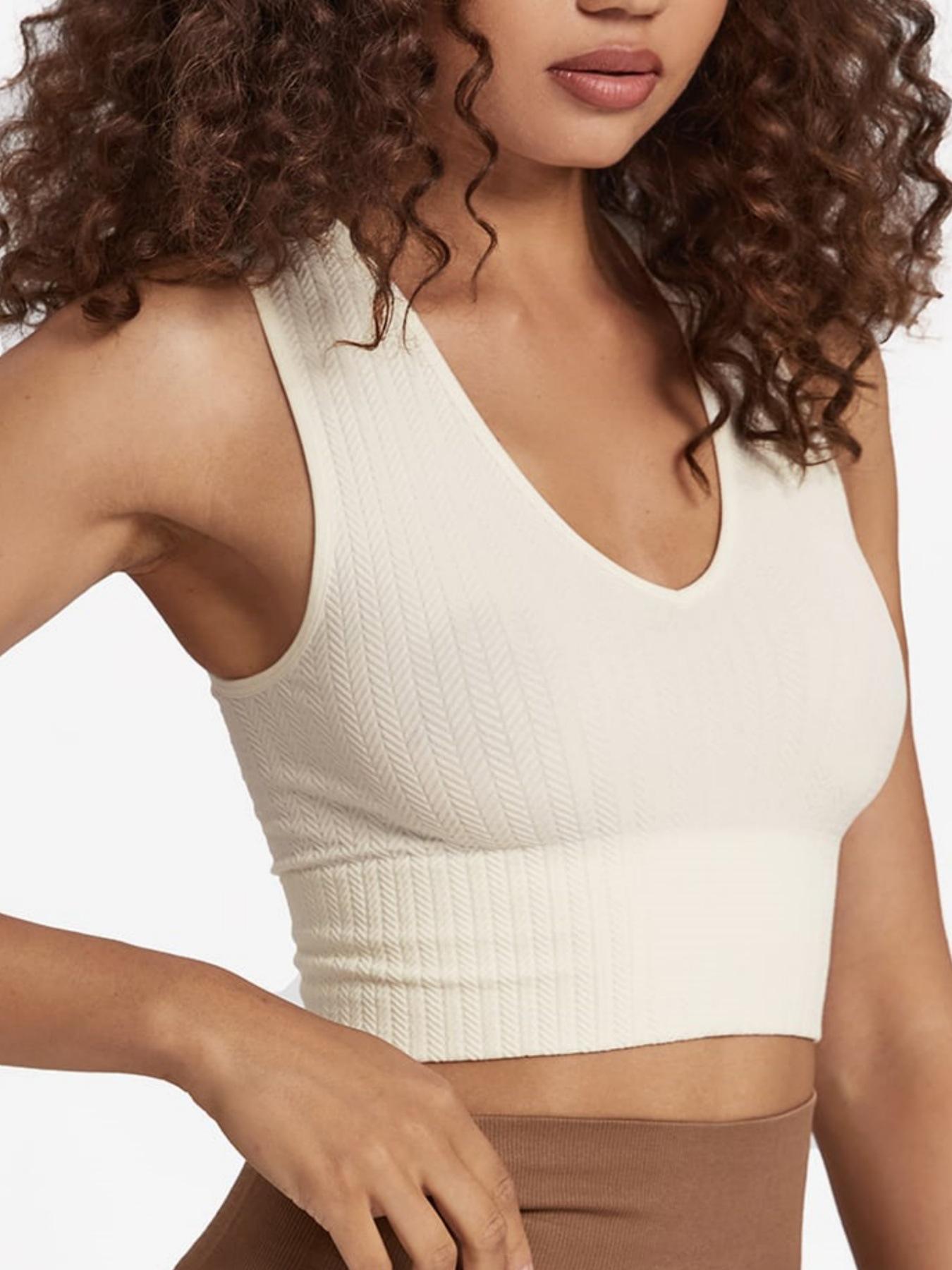 

Спортивный бюстгальтер-топ с V-образным вырезом, противоударный, вязаный, для фитнеса и бега Small белый