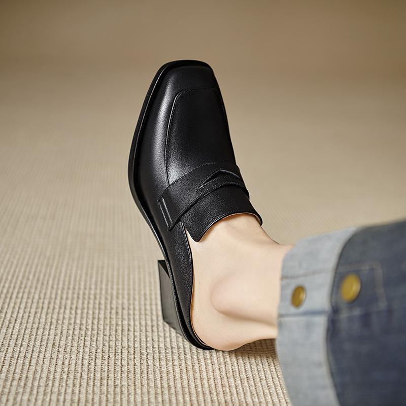 Fashion 2025 Spring Genuine Leather Shoes Women Slippers High Heels High Square Toe Mules Ladies Office Dress Shoes Slides Women Pumps