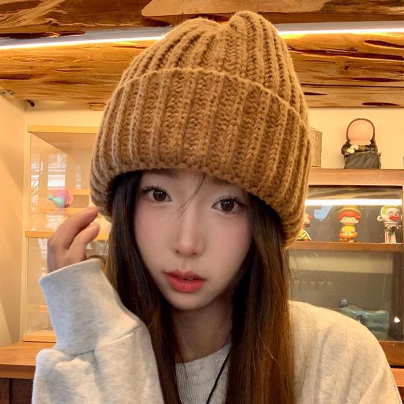 Wool Hat Women's Big Head Circumference Shows a Small Face, Loose Autumn and Winter Basic Solid Color Knitted Hat Student Head Cover Cold Hat