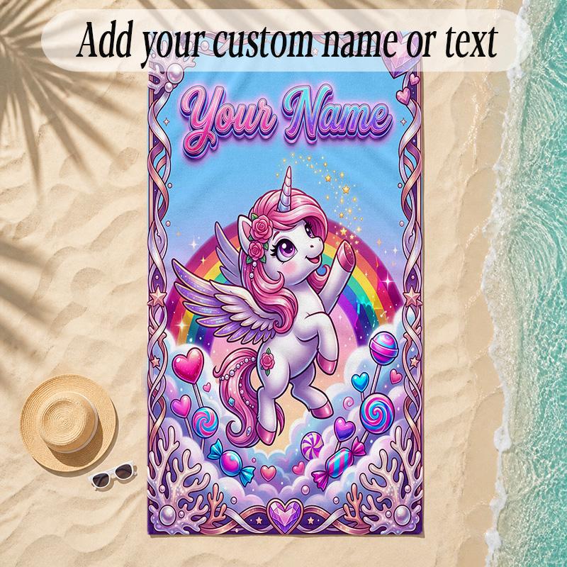 Unicorn Theme Soft Beach Towel Personalized Custom Name Text Towel Portable for Beach Pool Travel