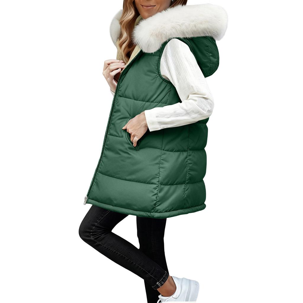 Women's Long Vest Plain Sleeveless Hood Winter Vest Outwear Jacket Lightweight Warm Coat Outerwear