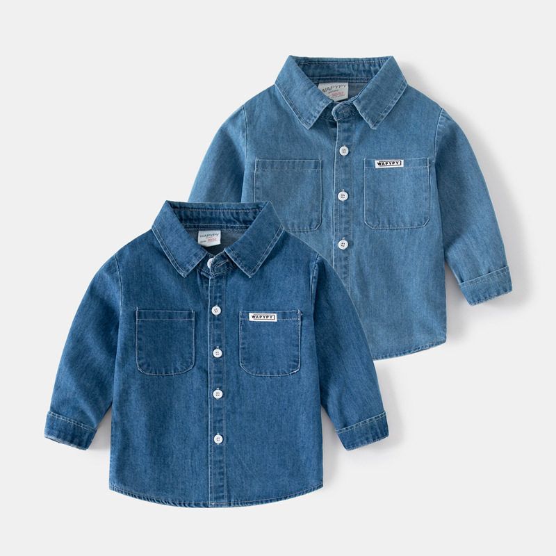 Children's Clothing Spring and Autumn Kids Long Sleeves Shirt Clothes Boys' Denim Shirt Baby Boy Casual Pure Color Square Collar Top
