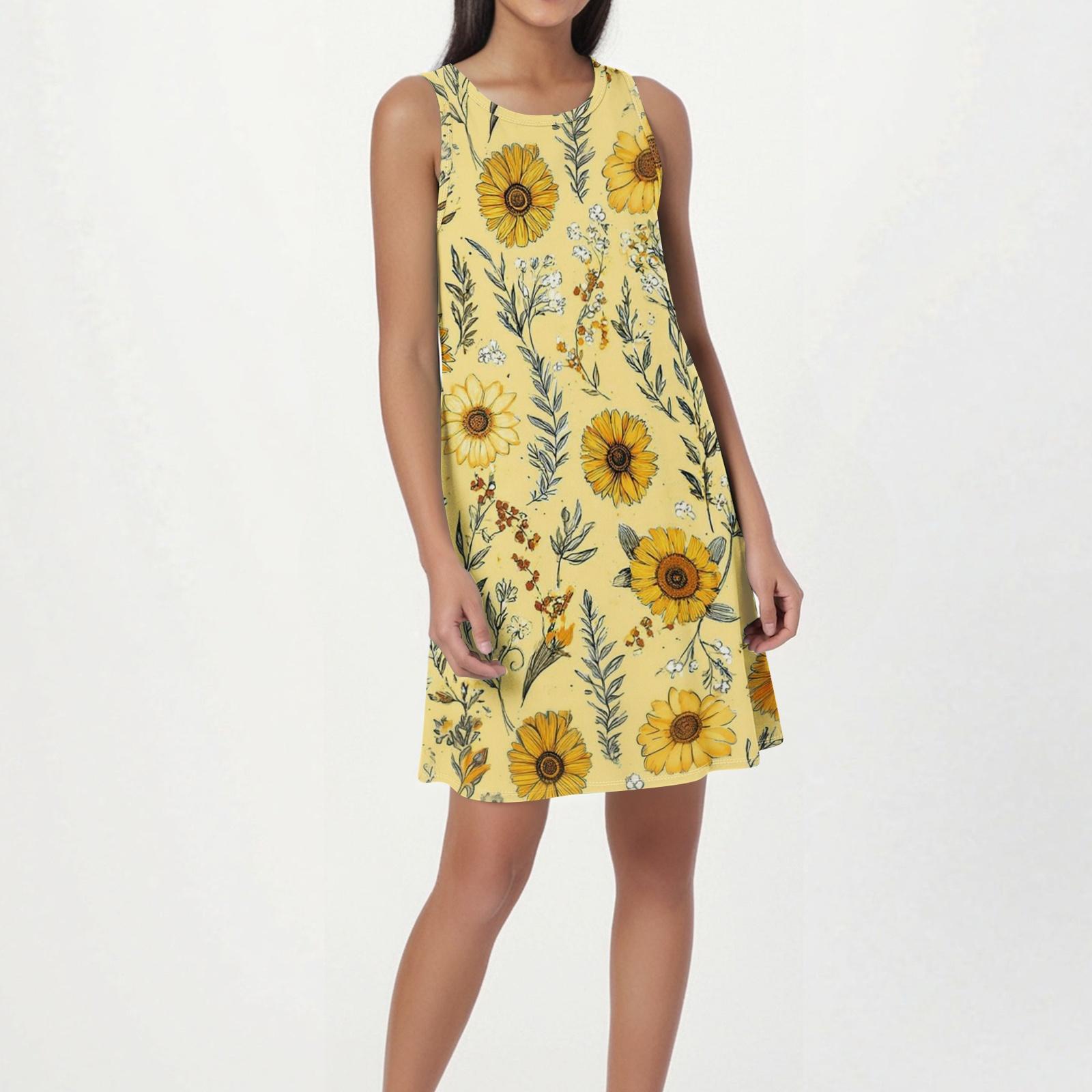 Women s Fashion Beach Dress Sleeveless Round Neck Floral Print Dress L