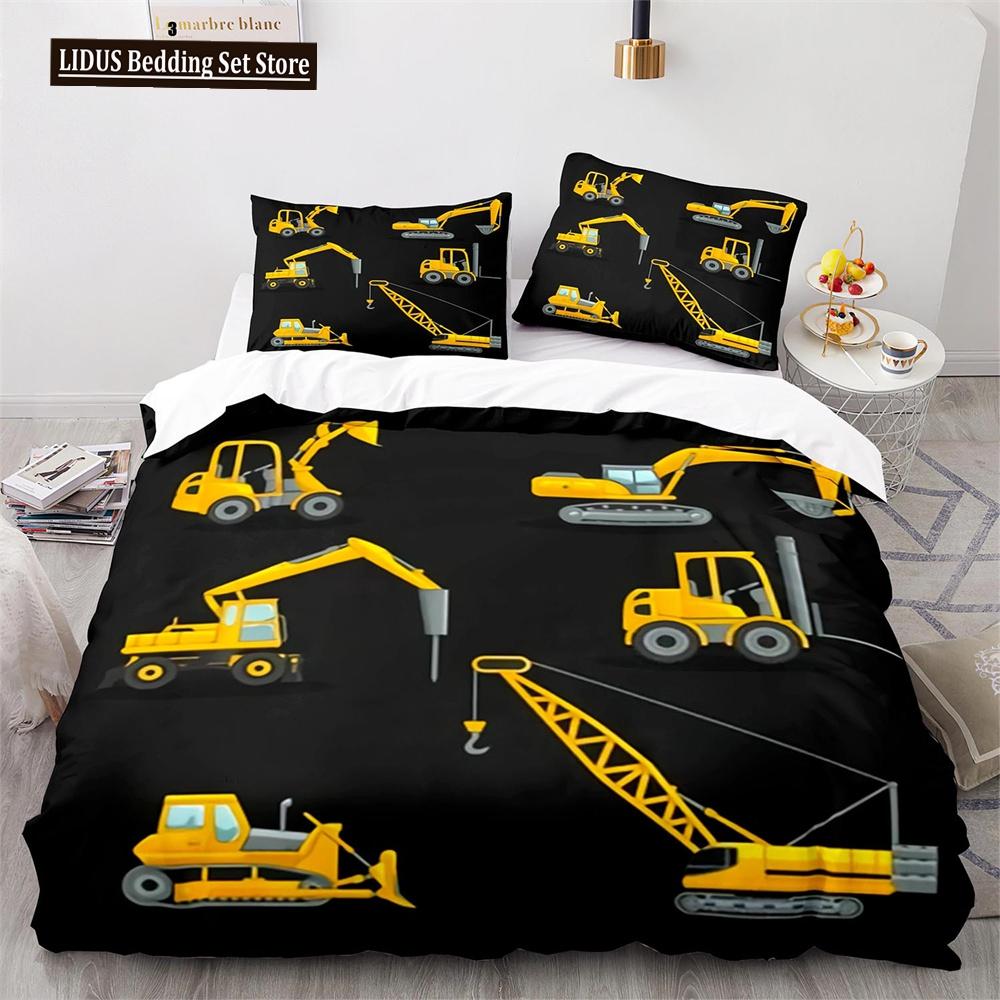 Digger Duvet Cover Set Cartoon Heavy Machinery Truck Crane Mixer Excavator Tractor Pattern For Kid Teen Polyester Bedding Set
