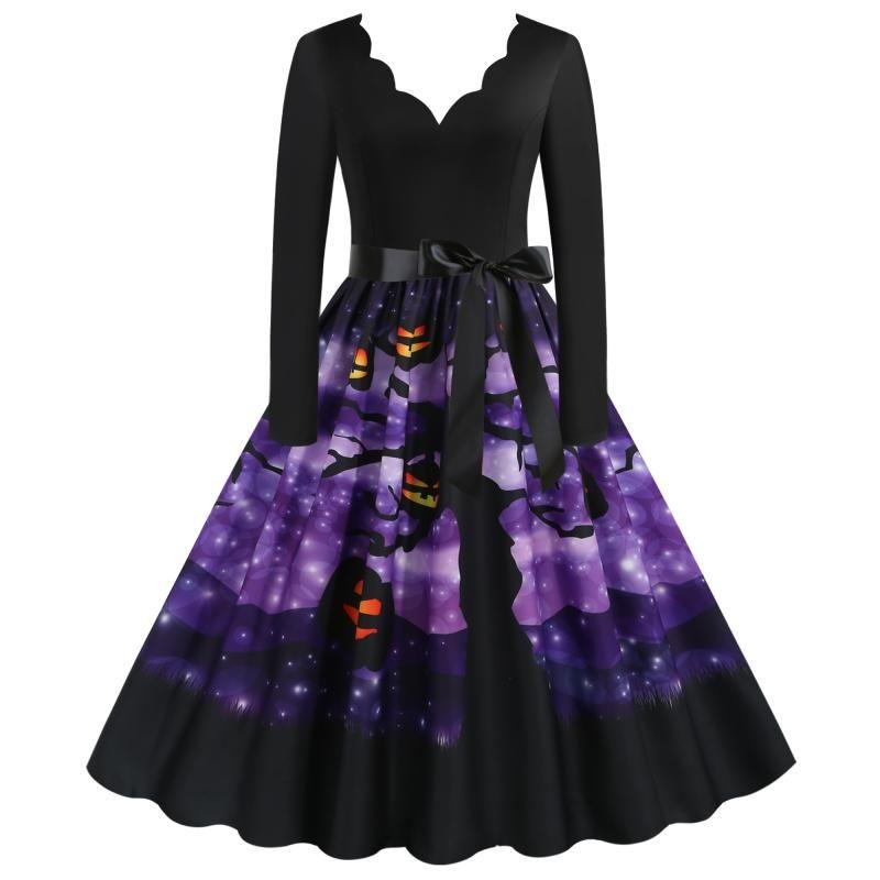

Fashion Style Fashion Halloween New Arrival Pumpkin Printed V-neck Burning Flowers Long Sleeve Big Hem Dress Free Ribbon Picture Color S