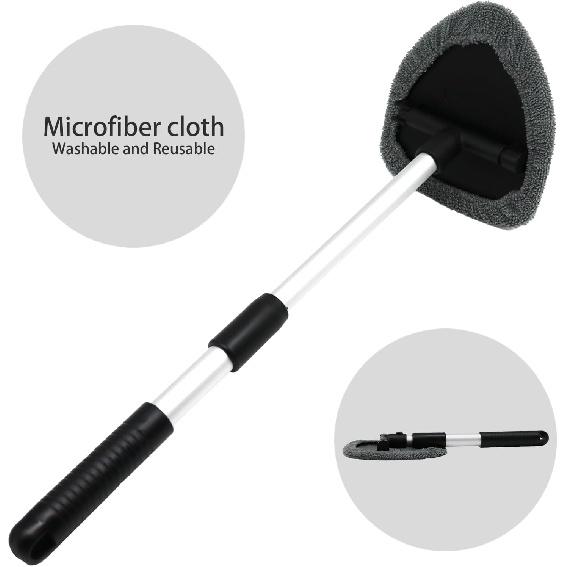 Windshield Cleaning Tool,180° Rotatable with 4 Reusable Microfiber Cloths Extendable Handle Auto Inside Glass Wiper Kit