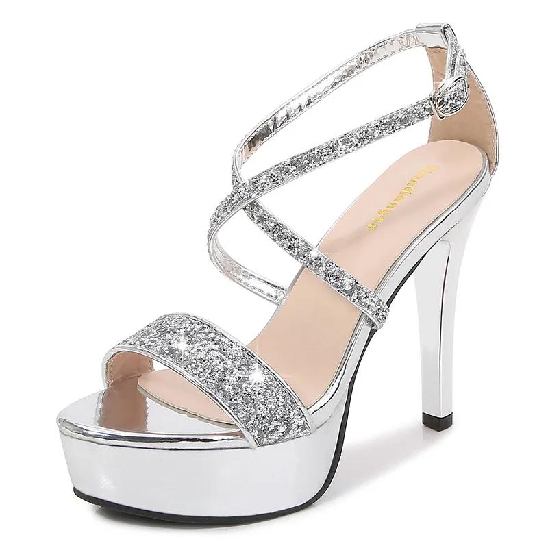 Hot Selling 2025 Cross Strap Crystal High Heels Sandals Women Bling Glitter Wedding Bridal Party Platform Pumps Shoes Summer PU